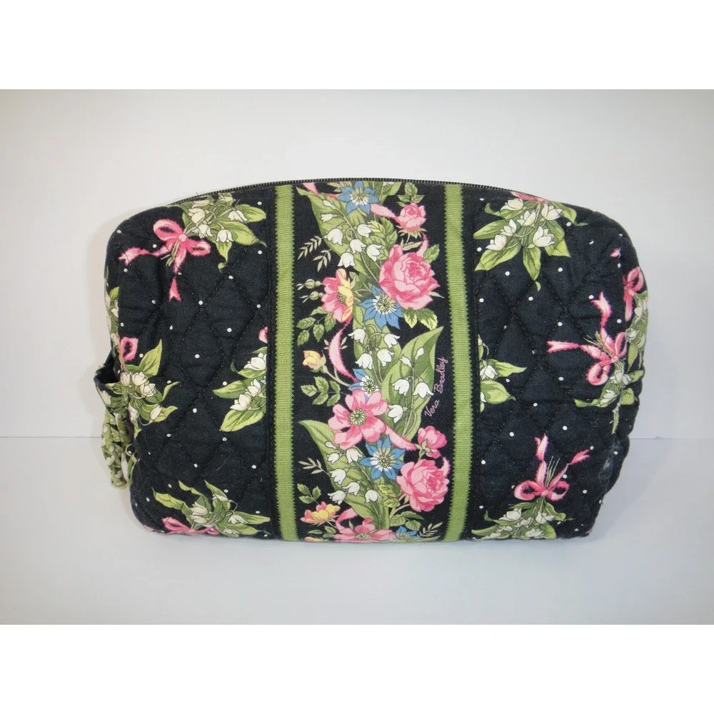 Vera Bradley Quilted Floral Large Cosmetic Makeup Bag Black New Hope Pattern VTG